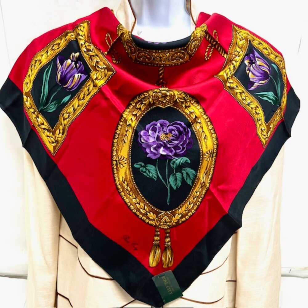 New with Tag On ROSE CITY 100% Silk Satin Lg 34" Black Red Green Gold Floral (14 - Picture 2 of 11